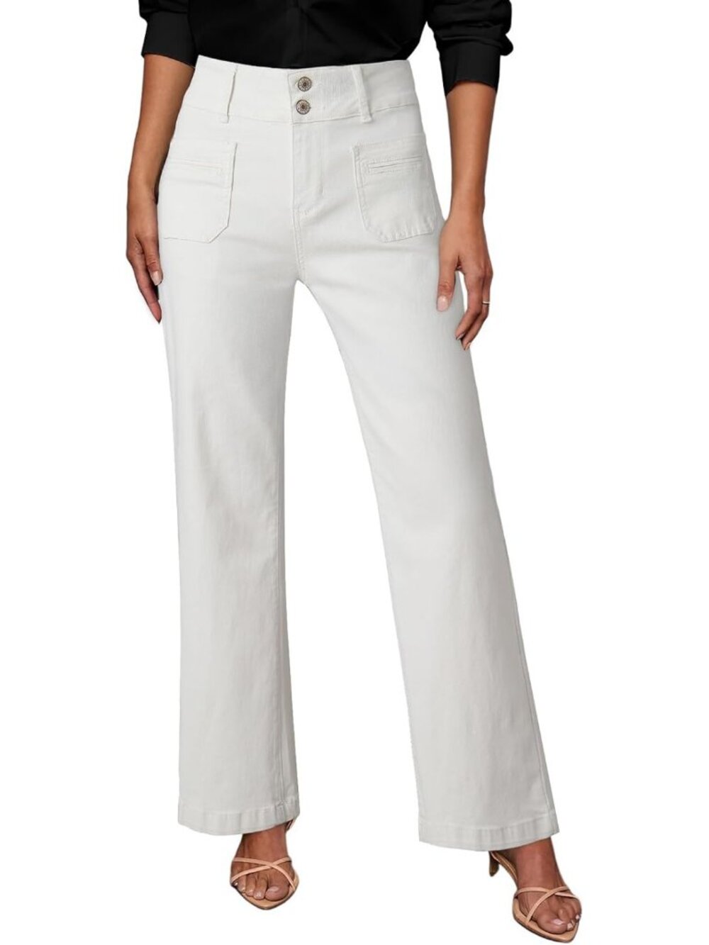 Women's White Tummy Control Stretchy Cotton Blend Zip Up Straight Leg Jeans